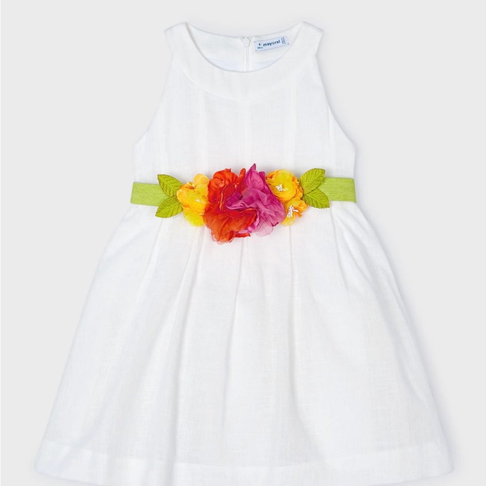 Mayoral Girls White Dress with Floral Belt
